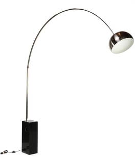 Achille Castiglioni & Pier Giacomo: Achille Castiglioni & Pier Giacomo Telescopic floor lamp with marble base and stainless steel perforated shade and arch, design Achilles & Pier Giacomo Castiglioni for Flos, model 'Arco', Italy design