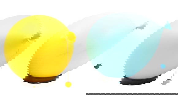 Yves Christin: Yves Christin (1949-1999)Blue and yellow plastic table, ceiling or wall lamp in the shape of a balloon, design by Yves Christin, executed by Bilumen, Italy, design year 1975, later version, marked on