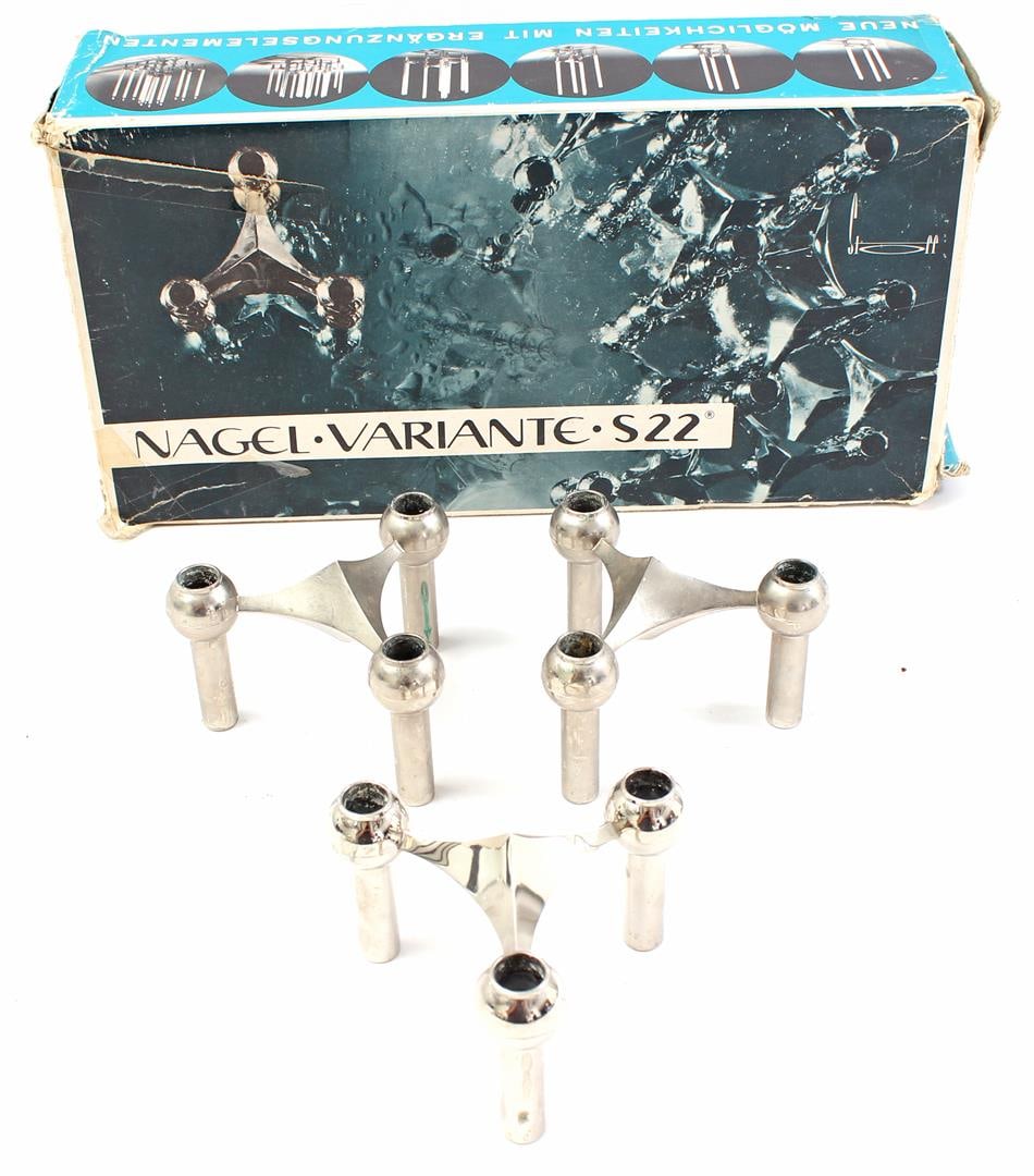 Fritz Nagel & Caesar Stoffi: Fritz Nagel & Caesar Stoffi3 stainless steel candlesticks, design by Fritz Nagel & Caesar Stoffi, made by Bayrishe Metallwaren Fabrik (BMF), model 'S22', Germany 1960s, in original box, p/s 6.5 cm hig