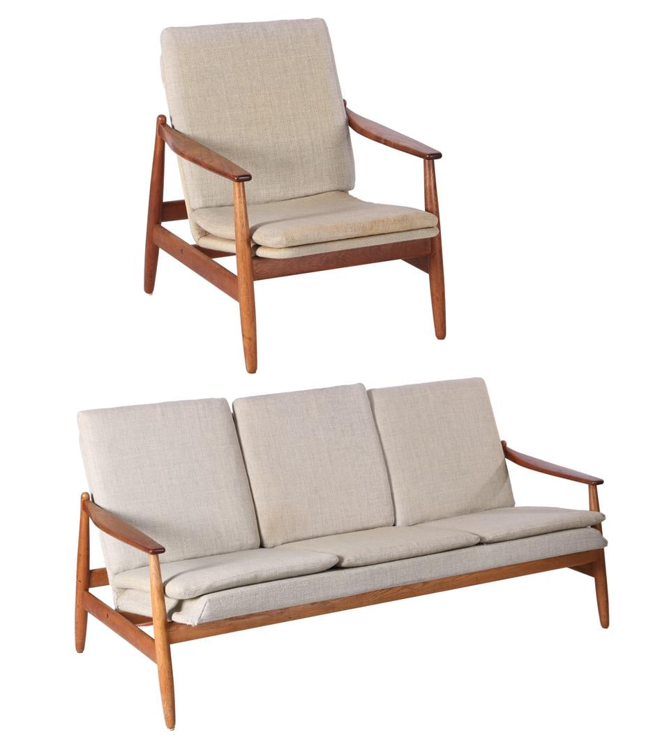 Poul M. Volther: Poul M. Volther (1923-2001)Teak sofa set b.u. 3-seater sofa (173 cm wide) and armchair with sand-colored cushions, design Poul M. Volther, executed by Frem Røjle, branded on the bottom, Denmark 1960s
