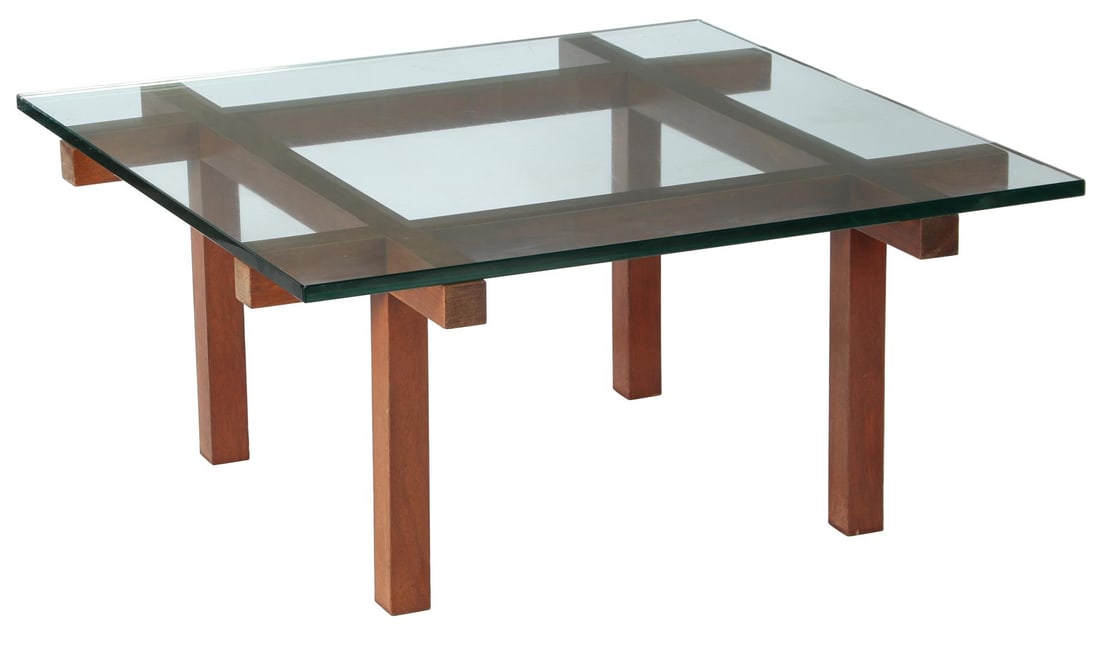 Alfred Hendrickx: Alfred Hendrickx (1931-)Minimalist hardwood coffee table with glass top, design by Alfred Hendrickx, executed by Belform, Belgium ca. 1960, 43 cm high and top size 90x90 cm