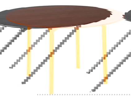 Arne Jacobsen: Arne Jacobsen (1902-1971)Round teak dining room table on beech wood legs, design Arne Jacobsen, executed by Fritz Hansen, 'Grand Prix' series, with quality mark 'Danish Furnituremakers Control', Denma