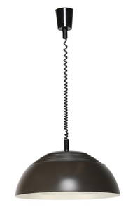 Arne Jacobsen: Arne Jacobsen (1902-1971)Metal brown 4-light hanging lamp with white interior, design Arne Jacobsen, executed by Louis Poulsen, originally intended for the SAS Royal Hotel in Copenhagen, Denmark, desi