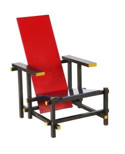 Gerrit Rietveld: Gerrit Rietveld (1888-1964)Polychrome lacquered wooden armchair, design Gerrit Rietveld, executed by Cassina, model 'Red & Blue chair', stamped on the bottom with signature, factory name and numbered