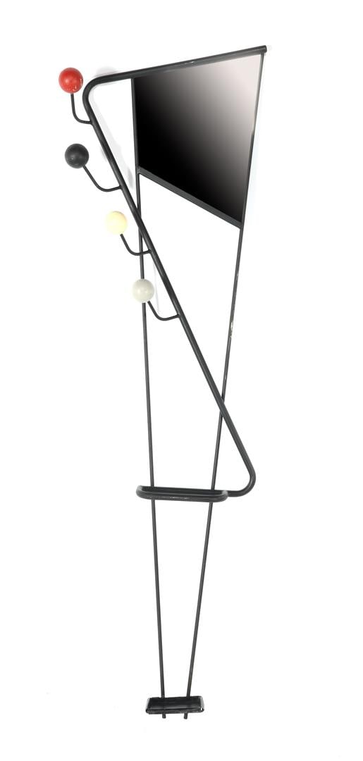 Blackened metal portemonteau: Blackened metal wallet with colored spheres, in the style of Roger Feraud, 1960s, 180 cm high