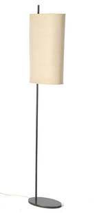 Arne Jacobsen: Arne Jacobsen (1902-1971)Brown metal 2-light floor lamp with linen shade, design Arne Jacobsen, executed by Louis Poulsen, model 'AJ', Denmark design in the late 1950s, 183 cm high (original shade dam