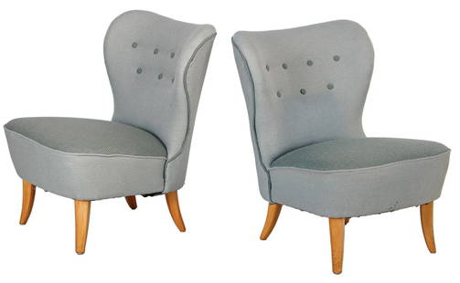 Theo Ruth: Theo Ruth (1915-1971)2 blue and green upholstered 'cocktail' armchairs on birch legs, design Theo Ruth for Artifort, Netherlands 1950s, backrest 78 cm high