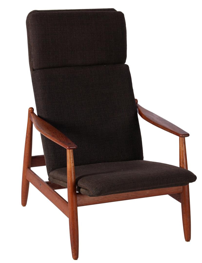 Poul M. Volther: Poul M. Volther (1923-2001)Teak armchair with black cushions, design Poul M. Volther, executed by Frem Røjle, branded on the bottom, Denmark 1960s, backrest 101 cm high