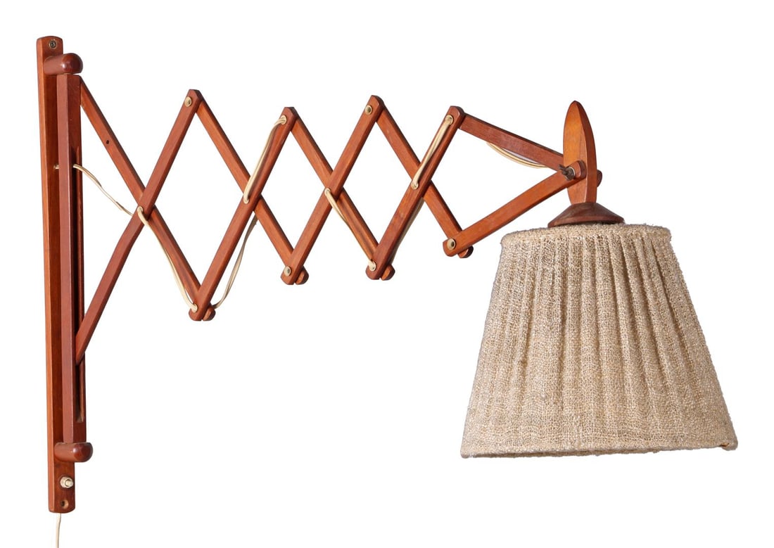 Teak scissor lamp: Teak scissor lamp with upholstered shade, in the style of Erik Hansen for Le Klint, second half of the 20th century, 54 cm high
