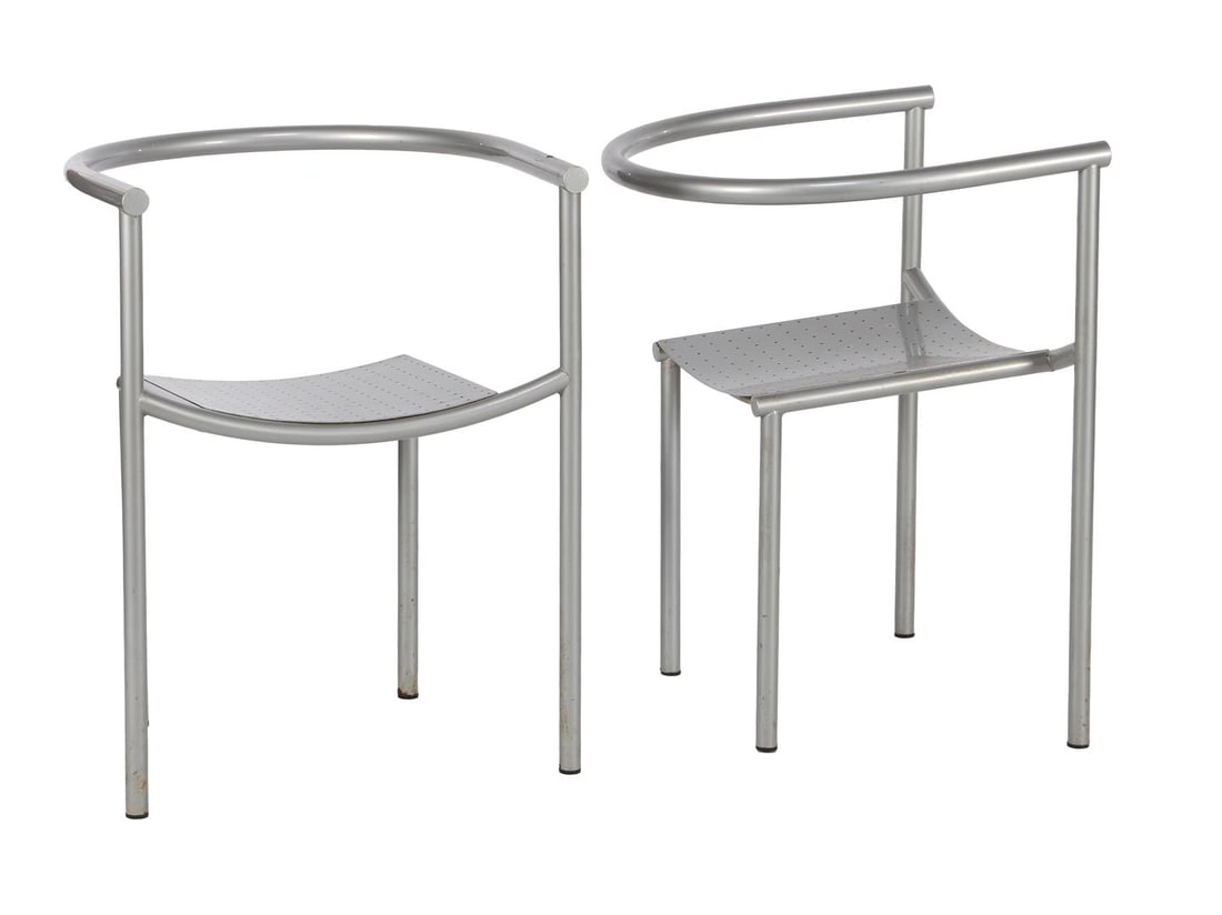 Philippe Starck: Philippe Starck (1949-)2 post-modernist metal chairs, design by Philippe Starck, executed by Driade, model 'Von Vogelsang', named after a character from the SF novel Ubik, France design year 1985, sti