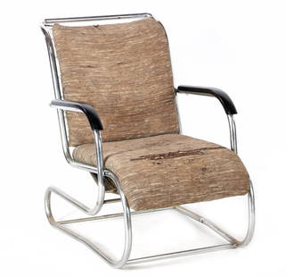 Paul Schuitema: Paul Schuitema (1897-1973)Bauhaus tubular frame armchair with polychrome upholstery and blackened wooden armrests, design Paul Schuitema executed by D3-Fana, model 'PS55' nickname 'Paperclip', Netherl