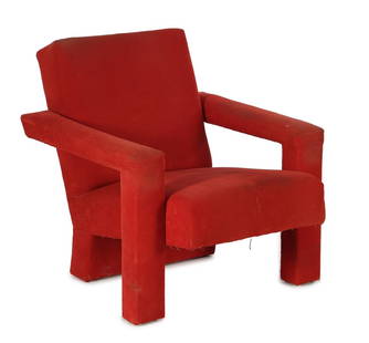 Gerrit Rietveld: Gerrit Rietveld (1888-1964)Red (re)upholstered armchair, original color black see bottom, design Gerrit Rietveld, executed by Artifort, designed for 'the Dutch Pavilion at the World Expo of 1958, the