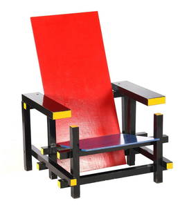 Wooden armchair: Polychrome lacquered wooden armchair, inspired by Gerrit Rietveld, 94 cm high, 73 cm wide, 80 cm deep