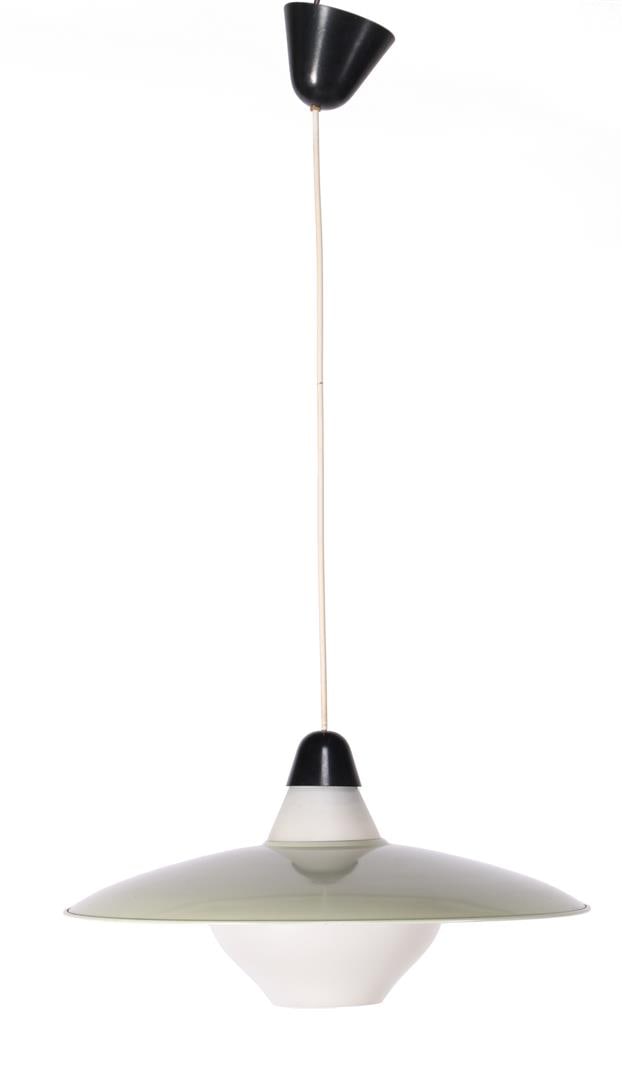 Louis Christiaan Kalff: Louis Christiaan Kalff (1897-1976)Mint green metal hanging lamp with opaline chalice, design Louis Kalff, executed by Philips, Netherlands 1950s, shade 45 cm diameter and chalice 22 cm high