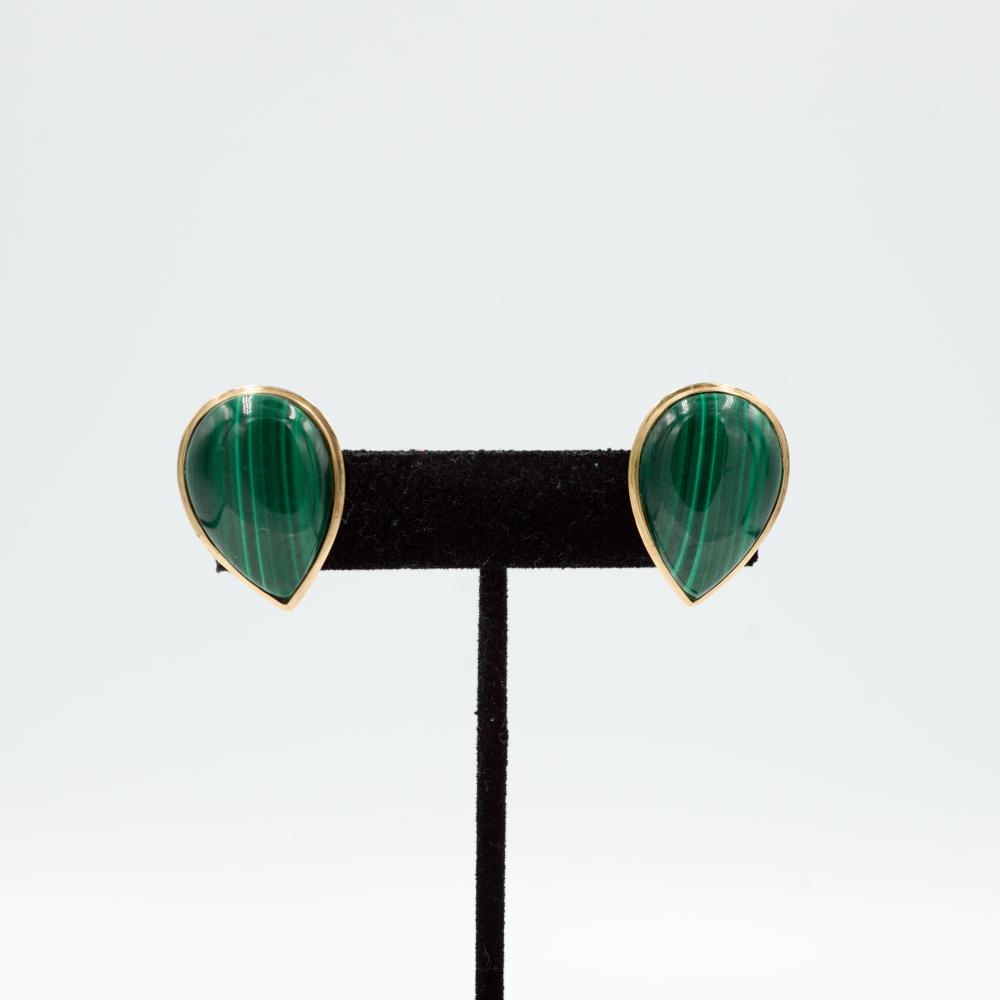 Three Pieces of 14K Yellow Gold and Malachite Jewelry.: Long necklace comprised of malachite beads and gold spacers. Marked "H 18" for Hammerman Brothers. 40"l. Pair of post back teardrop-shaped earrings; marked "14K" and ".585". Oval pendant; marked "14K"