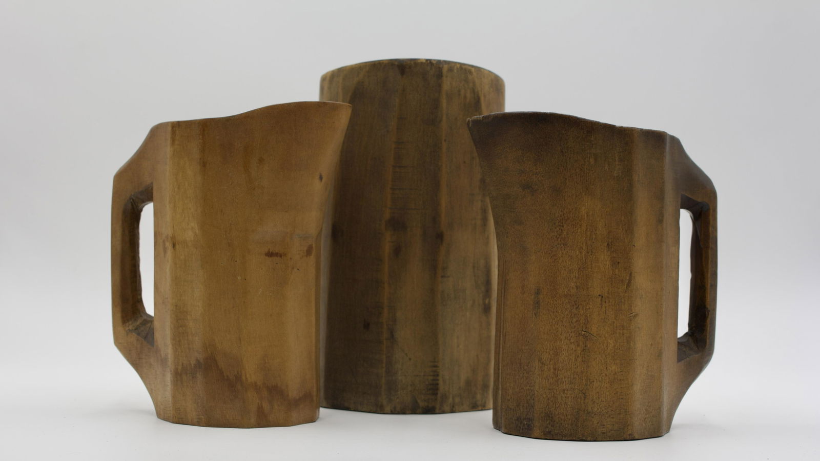 THREE (3) HAND-CARVED WOOD TREEN NOGGINS (MUGS). (1 of 5)