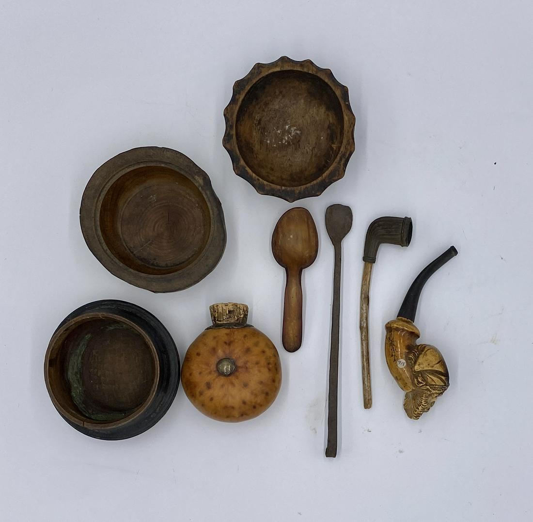 THREE EARLY TREEN BOWLS, GOURD CONTAINER, AND TWO OLD PIPES. (1 of 2)