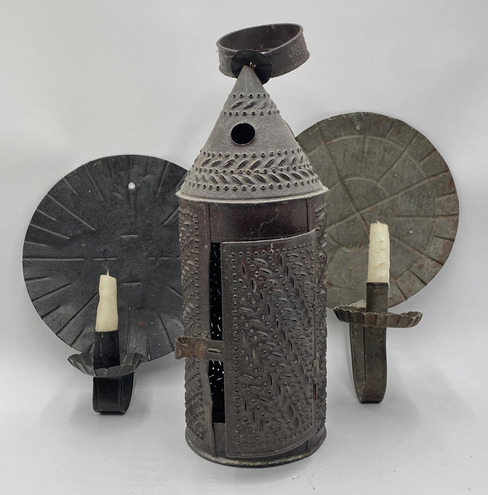 PUNCHED TIN LANTERN WITH EARLY TIN CANDLE SCONCES. (1 of 4)