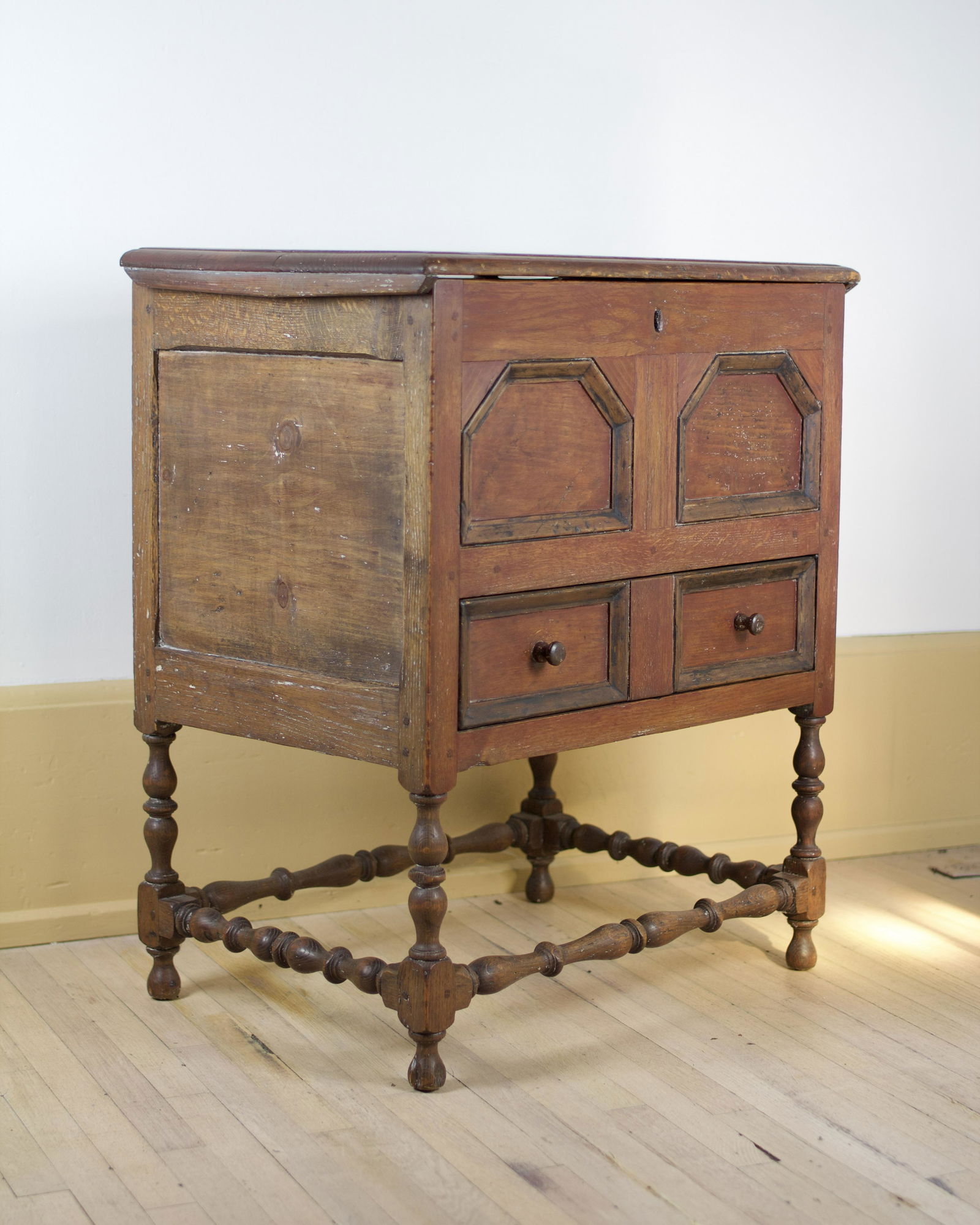 RARE WILLIAM AND MARY PINE AND OAK CHEST ON FRAME. (1 of 5)