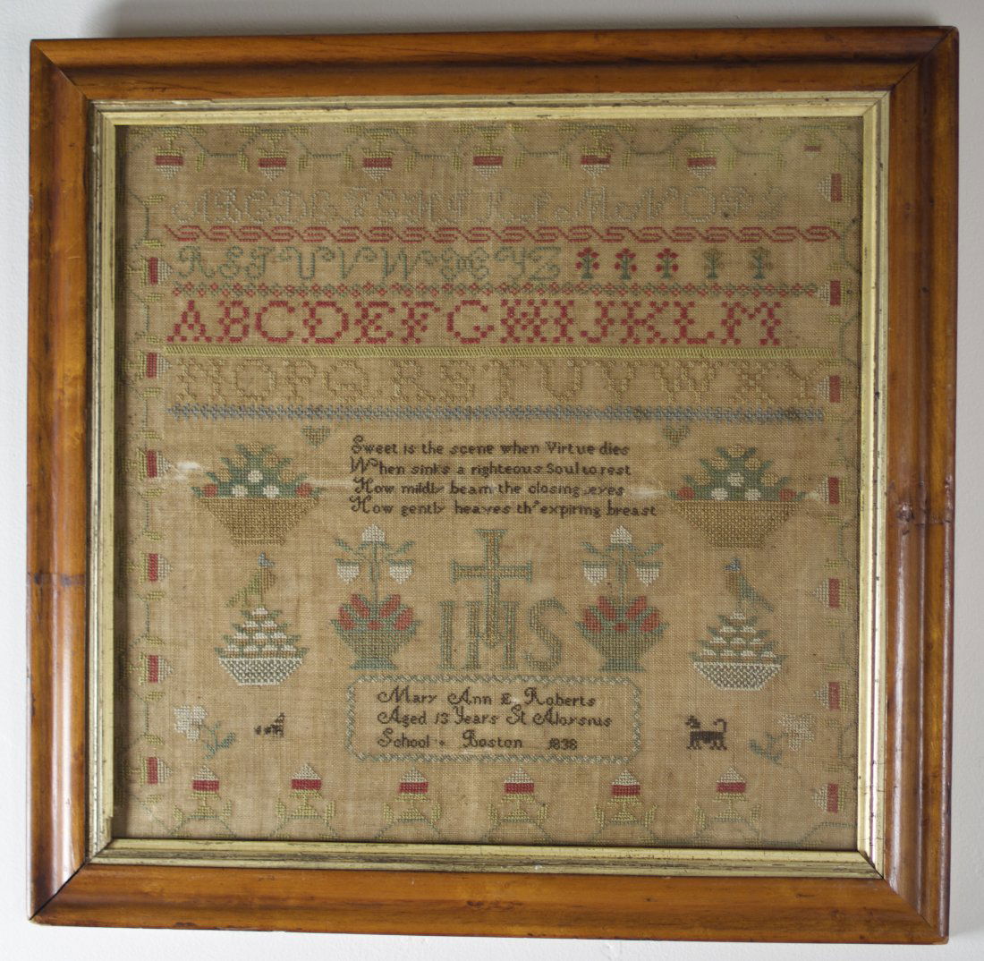 LARGE SCHOOLGIRL SAMPLER.: American (Massachusetts), second quarter 19th Century. By Marianne Roberts, 13 years of age. Boston, Massachusetts. Frame, 20.25"h. 21"w.