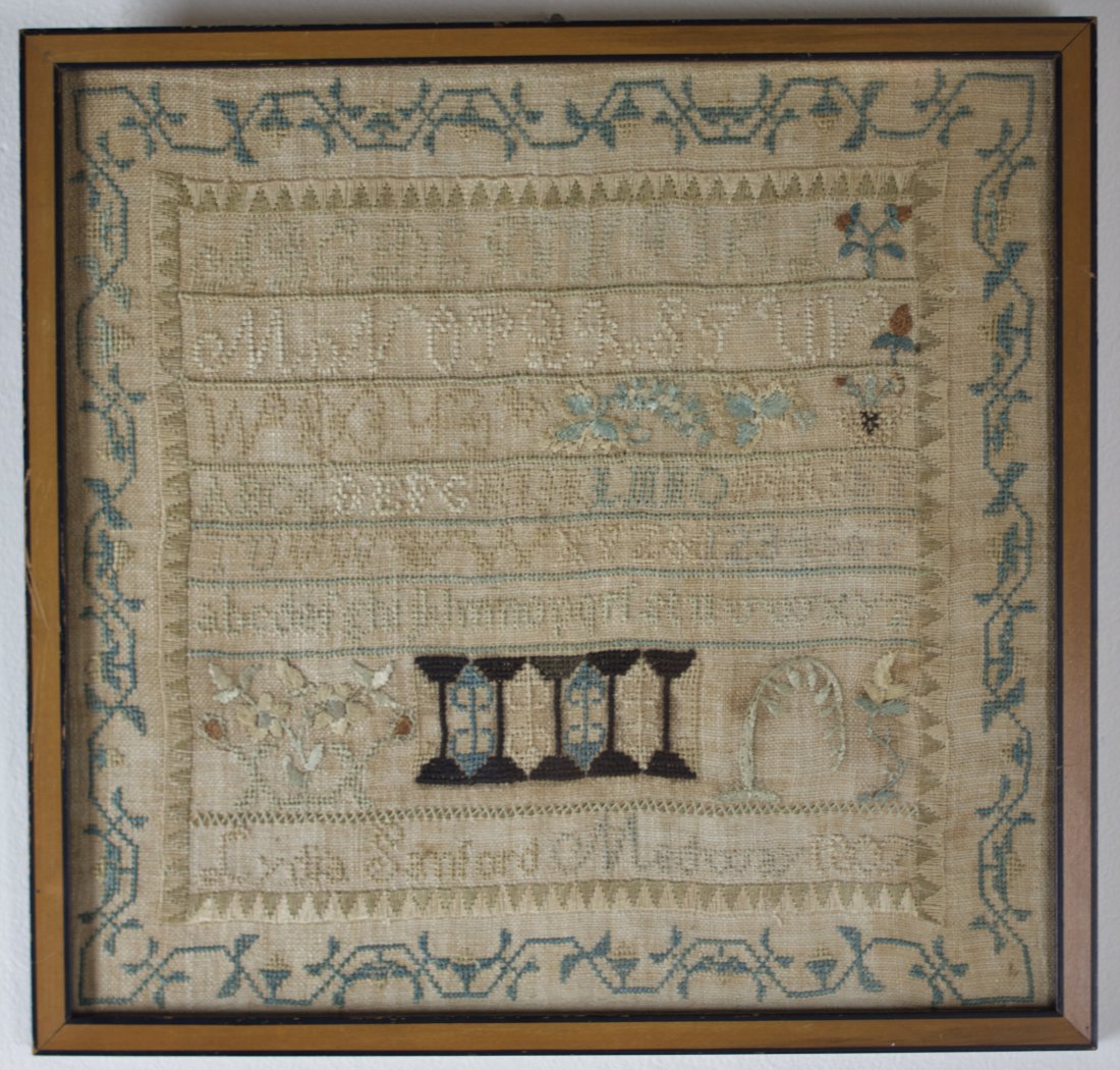 SCHOOLGIRL SAMPLER.: American (likely Massachusetts), 19th Century. By Lydia Sanford, 1807. Fine detail. Silk flowers, tree and cross stitch designs. Probably Medway, Massachusetts.
