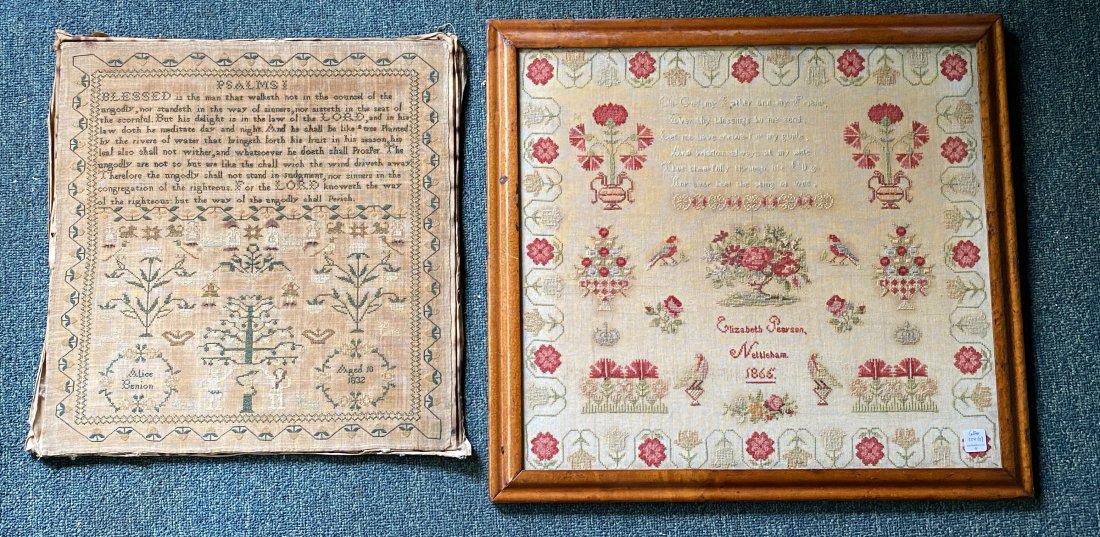 TWO SCHOOLGIRL SAMPLERS.: English, early and mid 19th Century. (1) 1865 sampler by Elizabeth Pearson; (2) 1832 Adam and Eve sampler by Alice Benion. Unframed sampler, 19.75"h. 18.75"w. Framed sampler, 23"h. 25"w.