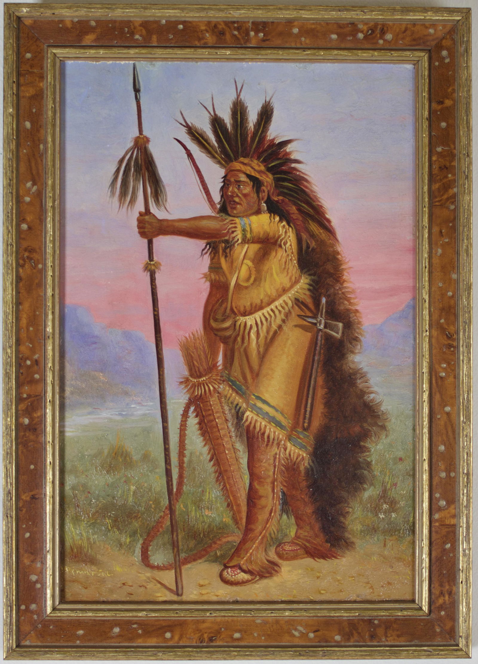 PAINTING OF FIRST NATIONS WARRIOR WITH SPEAR AND HEADRESS. (1 of 2)