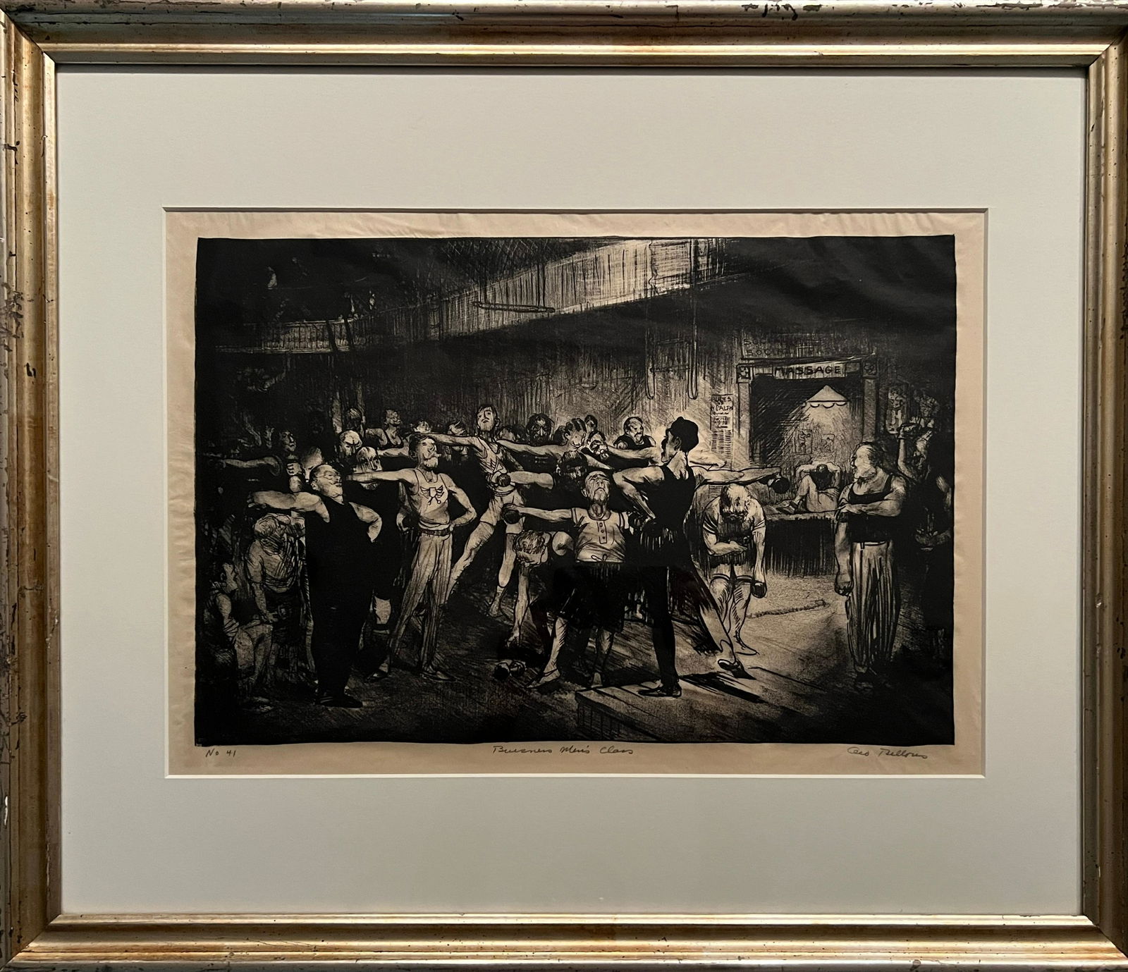 "BUSINESS-MEN'S CLASS (BUSINESS-MEN'S CLASS, Y.M.C.A.) BY GEORGE WESLEY BELLOWS (1882-1925).: American, circa 1916. Lithograph on japanese paper, 1916, signed, titled, and numbered "No 41" (from the edition of 64) in pencil. Very light staining in the margins, taped at top, otherwise in good c