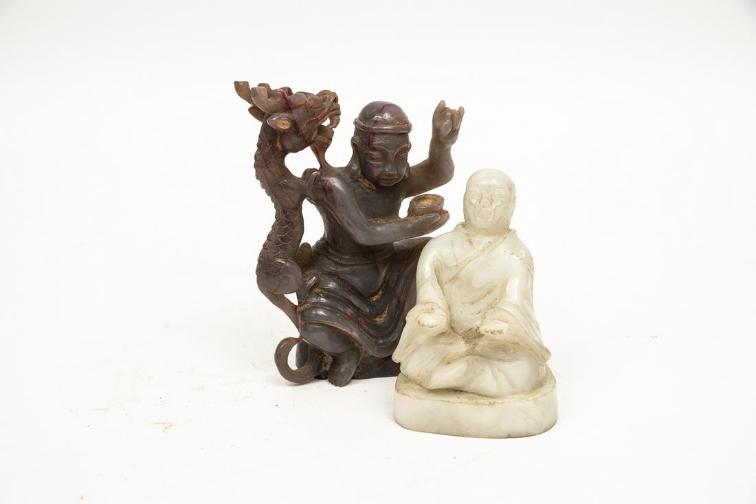 TWO LAVENDER JADE CARVINGS.: China, 19th - 20th Century. Seated figures, 3.5"h. and 5"h.