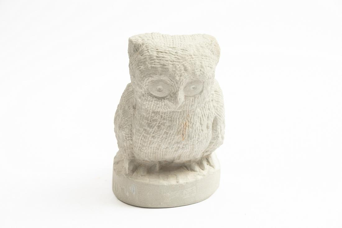 CARVED FOLK ART SANDSTONE OWL BY ERNEST "POPEYE" REED (OHIO, 1919-1985).: American, 1975. Signed "E. REED" on side of base and "1975" under. 6.5"h. 4.25"w.