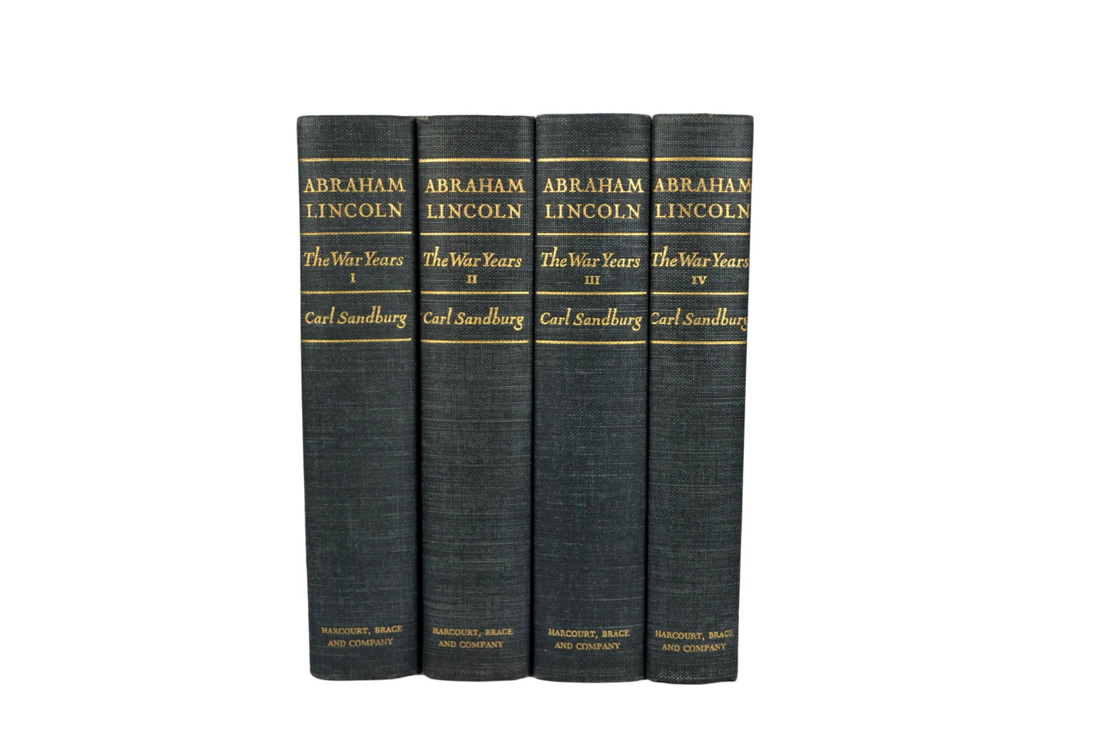 Pub. 1939, First Edition, Half-toned Photographs and Colour Plates, Illustrated, "Abraham Lincoln:: "Abraham Lincoln: The War Years", Author: Carl Sandburg, Publisher: Harcourt, Brace & Company, Publish Date: 1939, Complete 4-Volume Set. Illustrated. This four-volume set contains 426 half-tones phot