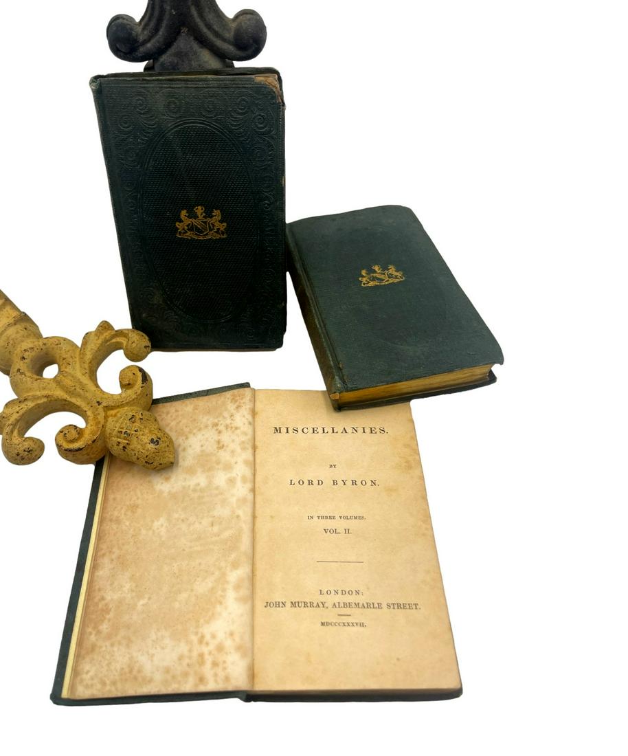 Pub. 1837, Engravings, "Miscellanies", Complete 3 Volume Set, by Lord Byron, Hardcover books.: "Miscellanies", Author: Lord Byron, Publisher: John Murray, London, Publish Date: 1837, Edition: Early Edition. Lord Byron Poems described as 'Occasional Pieces' complete with Engraved Half-Title Page