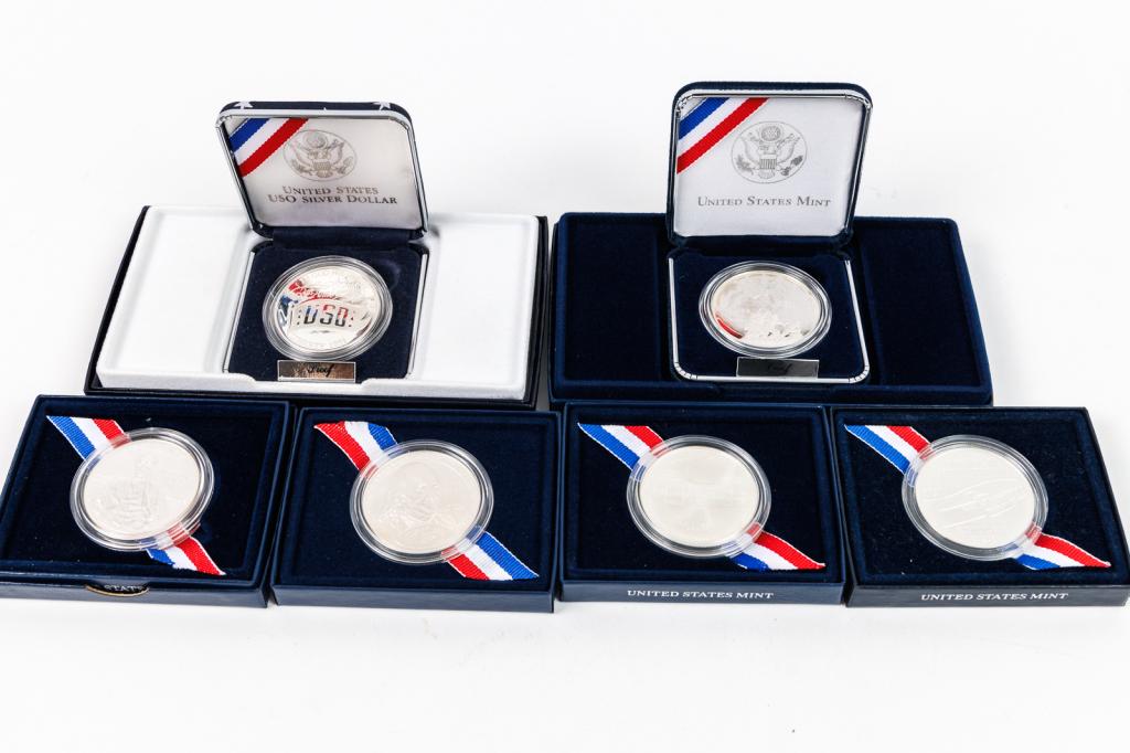 GROUP OF AMERICAN COINS.: 20th &21st Century. Including: 2005 United States Mint Thomas Alva Edison Commemorative Silver Dollar Uncirculated Coin in original velvet case; 1991 USO 50th Anniversary Commemorative Silver Dollar P
