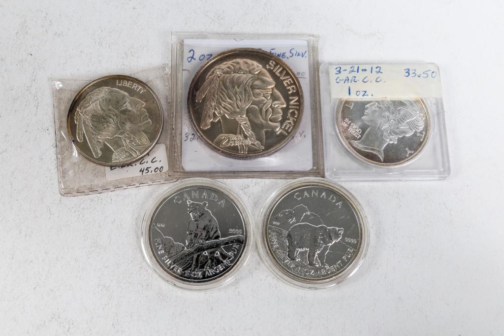 GROUP OF AMERICAN & CANADIAN COINS.: Canadian, American, 20th & 21st Century. One 2011 1st American Reserve Grizzly Bear Canadian $5 Silver coin in case; One 2012 Cougar Canadian $5 Silver coin in case; One Buffalo Head 1 Troy Ounce Silv
