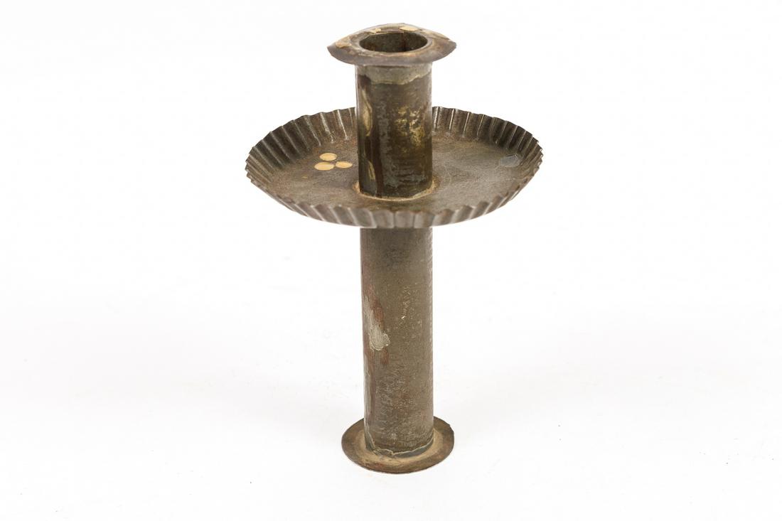 TIN CANDLE HOLDER.: American, first half 19th Century. Tin Christmas-caroling candle holder in original condition. Ex David Good. 6".