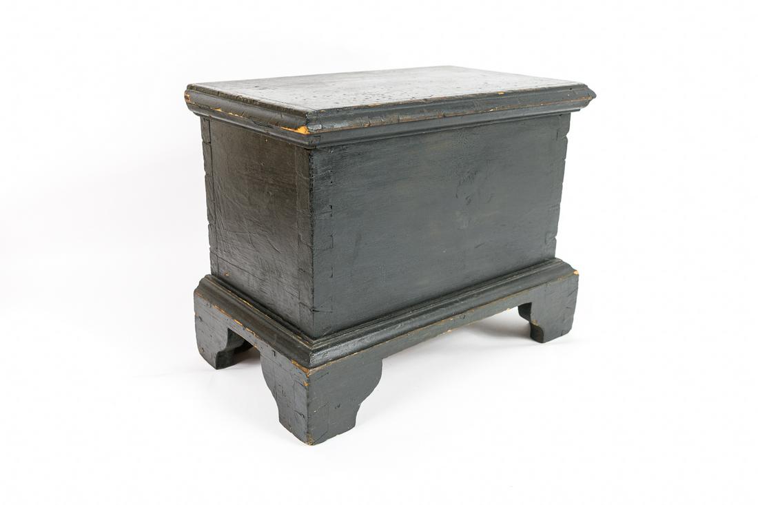 MINIATURE BLANKET BOX.: American, 19th Century. Painted blanket box in black, 15" wide 12" tall 9" deep. It has the expected amount of wear for its age, but no damage or repairs. It's still very sturdy.