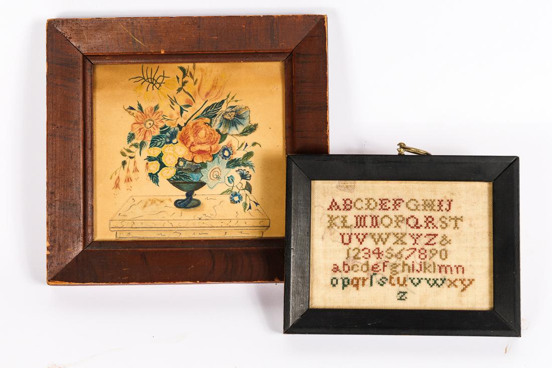 FINE WATERCOLOR THEOREM FLOWER URN.: American, 19th Century, circa 1830s. Compote on a marble pedestal. 5.5" x 6". Red-wash frame with grain decoration, 8'' x 7.5" Ex Tom & Carolyn Porter, Greg Kramer.