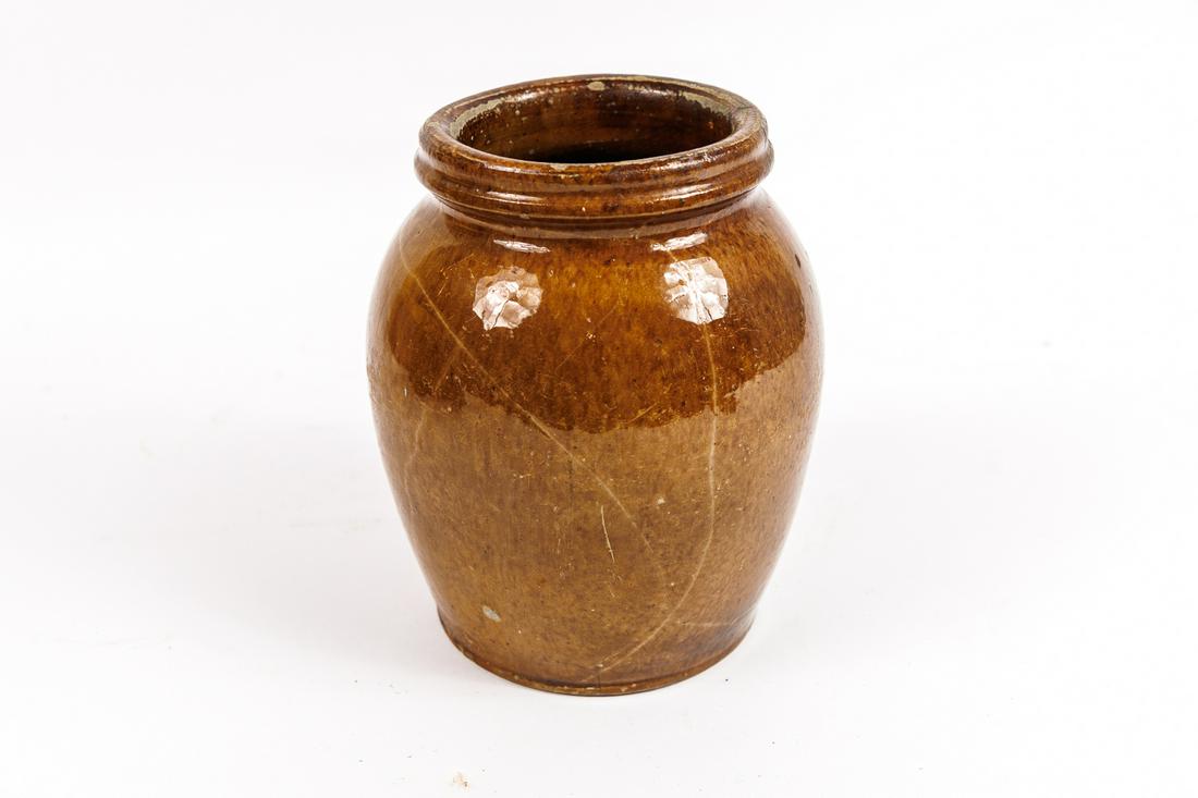 RED WARE JAR.: American, 19th Century. New England Origin with Manganese decoration. 7.5"h.