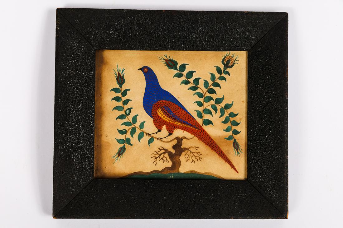 EXOTIC WATERCOLOR (GUOUACHE) PEAFOWL ON TREE.: American, 19th Century. Strong colors and primitive design with flowers. 5" x 5.75". **This is not glued down to anything. See additional photos out of frame.