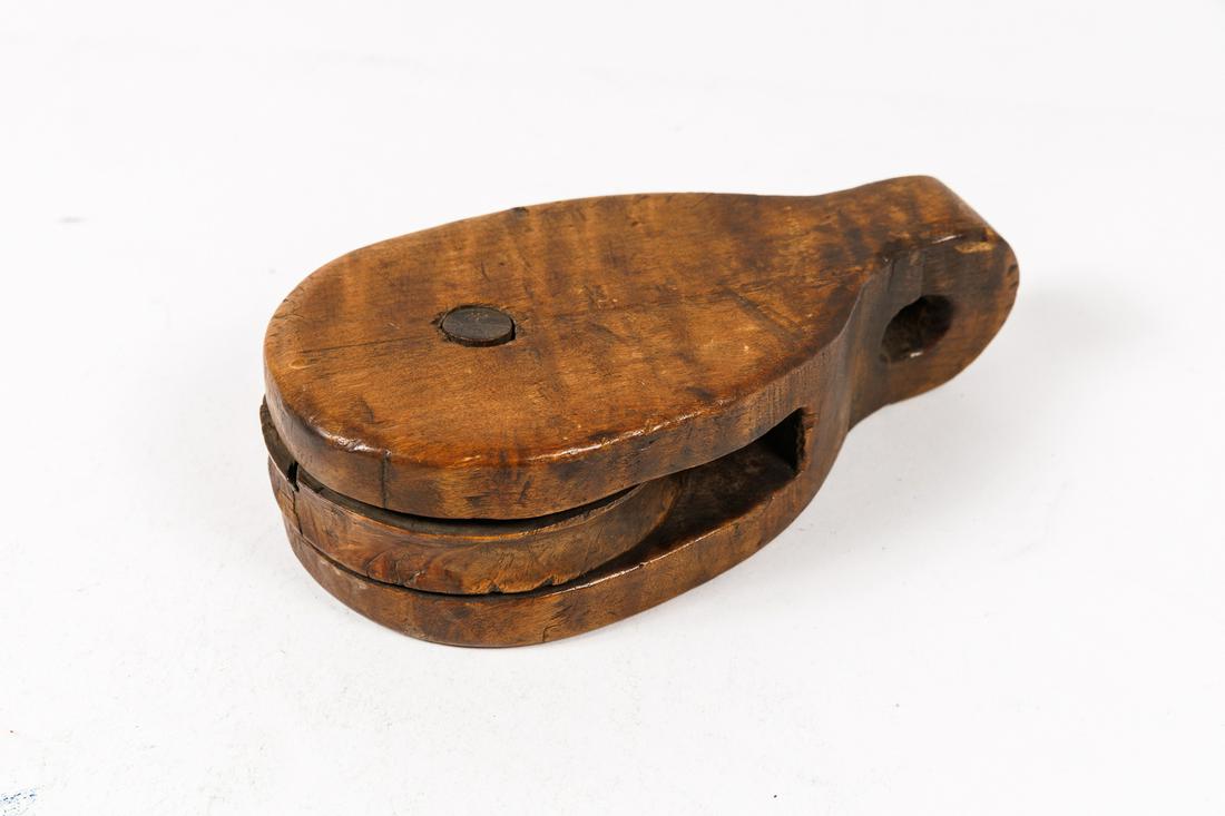 TIGER MAPLE TACKLE BLOCK.: American, 19th Century. Good Patina. 6"l.