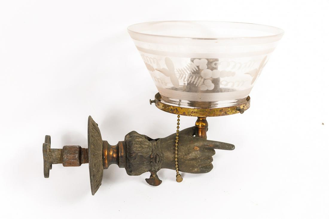 BRASS AND ETCHED GLASS GAS LIGHT.: American, third quarter 19th century. Depicting a hand with pointed finger. 7.25"h 8"w 6.75"d.
