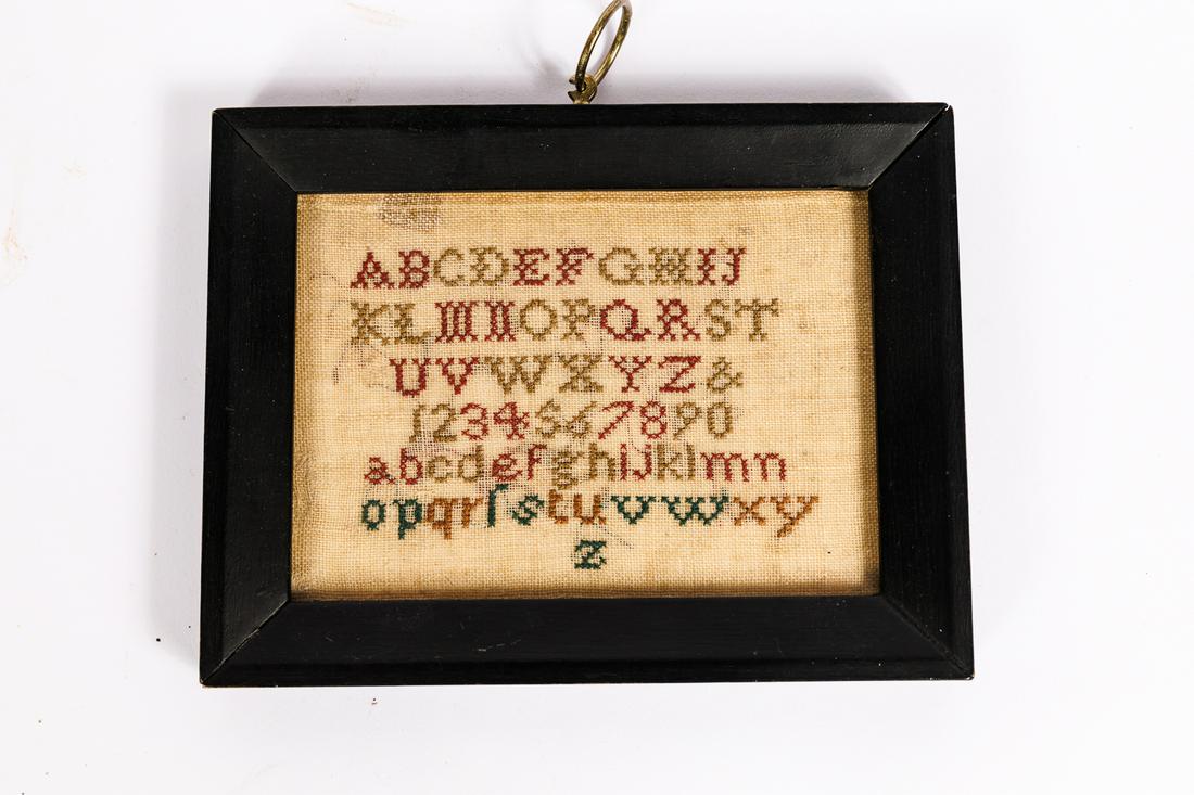 SMALL ALPHABET SAMPLER.: American, 19th Century. 5" x 3.5". Frame, 6.5" x 5".