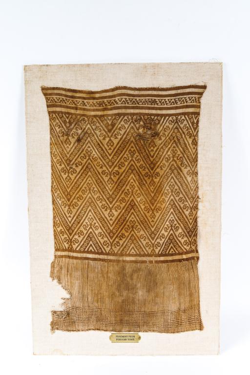 PRE-COLUMBIAN CHANCAY PERUVIAN TEXTILE.: 12th Century. Finely woven and intricate wool or cotton work with running bird motifs; mounted on cloth matting. 15" x 24".