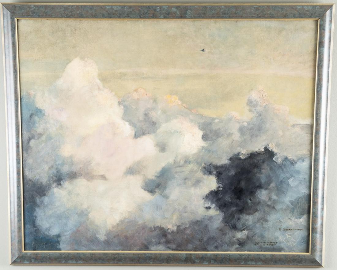 "11,000 FT. ALTITUDE -CUMULUS CLOUD-" BY ERIC SLOANE (1905/10-1985).: American (New York), 1992. Oil on masonite with a single plane atop a large and billowy cumulus cloud. 25"h. 30"w. No damage at all to the frame or painting.