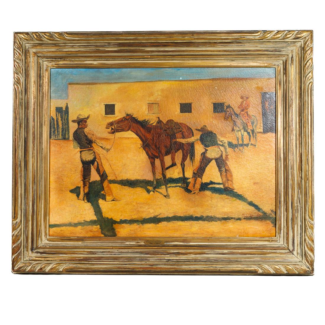 OIL ON CANVAS AFTER FREDERIC REMINGTON.: American, 20th Century. Two Cowboys with ornery horse while another cowboy watches on horseback. 33.5"h. 41.5"w