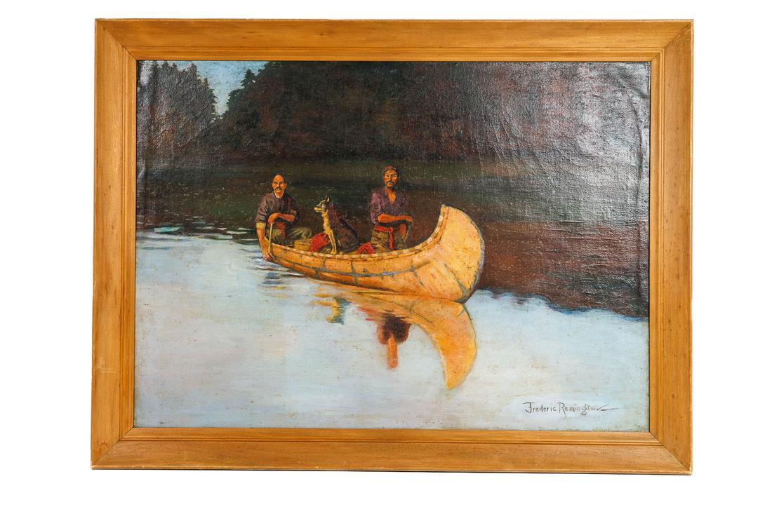 OIL ON CANVAS AFTER FREDERIC REMINGTON.: American, 20th Century. Two men and a dog in a canoe on a river in a forest 31"h. 40.5"w.