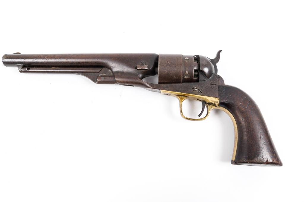 COLT MODEL 1860 ARMY SINGLE ACTION REVOLVER.: American, 19th Century. Stamped at top of barrel "ADDRESS COL. SAML COLT NEW YORK U.S. AMERICA" and with serial # 137661 (barrel, frame, triggerguard and butt - all matching numbers). Iron backstrap. 