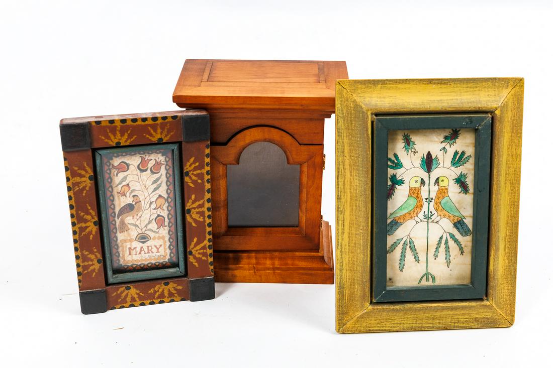 GROUP OF FOLK ART REPRODUCTIONS.: American, 20th Century. A tiger maple watch hutch, a signed watercolor fraktur for "Mary", and a watercolor fraktur with two parrots.