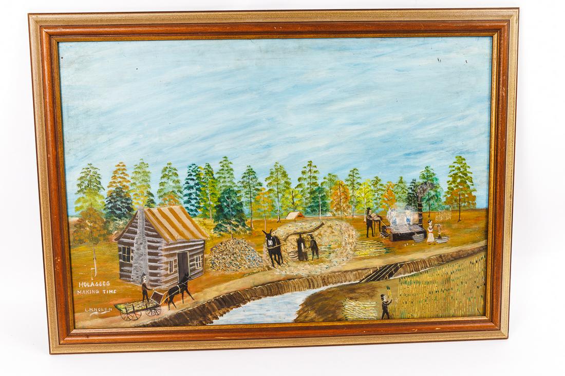 SIGNED FOLK ART OIL ON MASONITE.: American, 20th Century. Signed and titled lower left "Molasses Making Time L.M. Nolen." Primitive painting of a country scene with cabin, figures, and animals. Frame, 18.5"w. 26"h.**I.M. (Lemuel) Nole