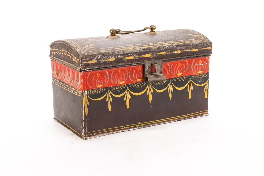DOME-TOP DECORATED TOLE DOCUMENT BOX. (1 of 11)